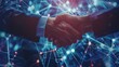 © pinkrabbit - Close up of business man shaking hands against technology background, leader, teamwork, target, Aim, confident, achievement, goal, on plan, finish, generate by AI