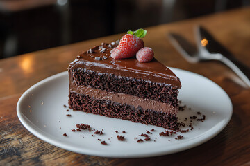 Wall Mural - A slice of chocolate cake garnished with strawberries on a white plate.