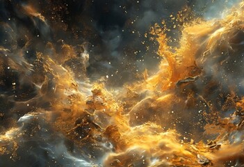 Wall Mural - a digital artwork depicting a swirling, fiery explosion with golden and orange hues, white and black specks, and a dark background.