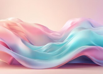 Wall Mural - digital illustration of a flowing, wavy fabric in pastel colors, including pink, blue, and turquoise, against a light pink background.