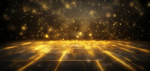 Wall Mural - futuristic, abstract scene with a grid-like pattern of glowing, reflective tiles in shades of gold and black, set against a dark background with scattered golden particles.