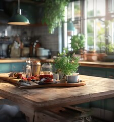 A wooden table in a kitchen with various items on it, including a jar, a plant, and a cutting board with food.