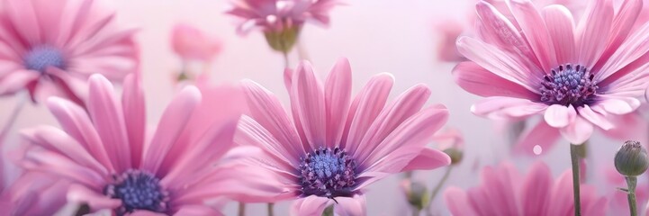 Wall Mural - A close-up view of a field of pink daisy flowers with purple centers, set against a soft pink background.