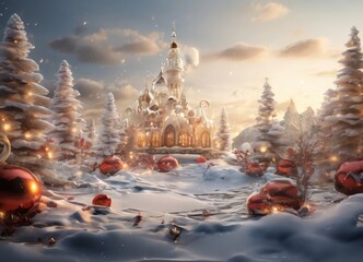 Wall Mural - A fantastical castle with a clock tower stands amidst a snowy landscape, surrounded by trees adorned with red and gold ornaments, creating a magical winter scene.