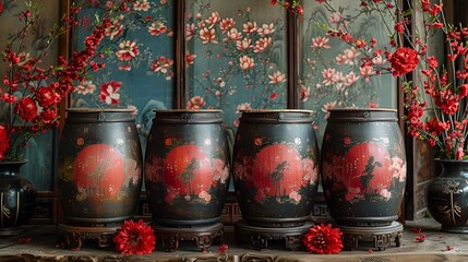 Wall Mural - a group of black vases with red flowers. 