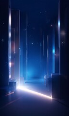 Wall Mural - a futuristic cityscape with towering structures illuminated by a bright light at the end of a long corridor. The city is bathed in a deep blue hue, with a few scattered white