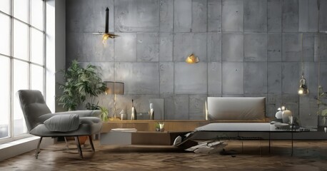 Wall Mural - A modern living room with a gray sofa, armchair, and coffee table, complemented by a large window, a potted plant, and a wooden sideboard.