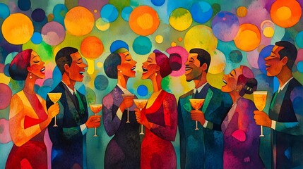 Poster - Watercolor illustration of a group of people celebrating together.