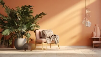 Wall Mural - A serene indoor setting features a large potted plant, a pink armchair with a blanket, and a wooden side table with a vase, all bathed in soft, natural light.