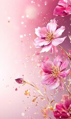 Wall Mural - close-up view of a pink flower with a gold center, surrounded by a scattering of petals and a soft, blurred background.