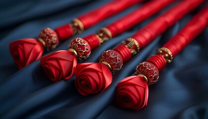 Canvas Print - a group of red roses on a blue fabric.