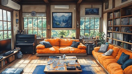 Poster - Cozy Living Room with Orange Couches and a View of Nature.