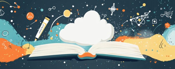 Colorful flat illustration of an open book on a cloud background with educational science symbols and creative elements