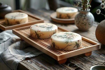 Poster - a group of round objects on a wooden tray.