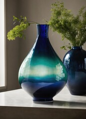 Wall Mural - Colorful Decorative glass vase with green and blue pattern on the table. Close up. ai generative