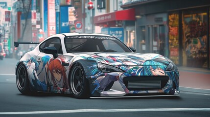 Anime-Themed Itasha Sports Car in Urban Setting