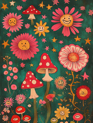 Sticker - A print with flowers, mushrooms, and stars in pink, red, and green colors, in a retro vintage style