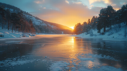 A frozen lake at sunset with a forest in the background