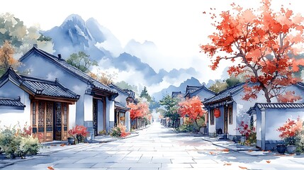 Sticker - Watercolor Painting of an Ancient Chinese Village Street.