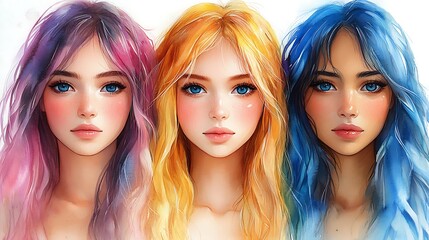 Canvas Print - Watercolor Portrait of Three Women with Different Hair Colors.