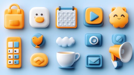 A vibrant 3D icon set, including a white tea cup, a bold calendar, and a megaphone, arranged in a clean, minimalistic layout.