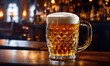 © Sanan - Mug of beer on a wooden table in a pub or bar. ai generative