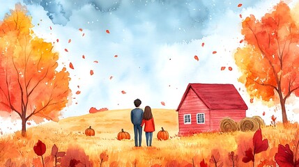 Canvas Print - Watercolor Painting of a Couple in a Fall Field.