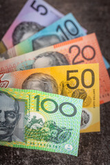 Wall Mural - Australia finance, Australian dollars, Various paper money, Business economic concept, Vertical photo