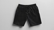 © horizon - Black athletic shorts, cotton fabric texture, drawstring waistband, simple design, plain style, sportswear, casual clothing, flat lay photography, studio lighting, neutral gray background.