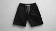 © horizon - Black athletic shorts, cotton fabric texture, drawstring waistband, simple design, plain style, sportswear, casual clothing, flat lay photography, studio lighting, neutral gray background.