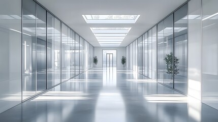 Wall Mural - bright modern office corridor, sleek glass walls, sunlit interior, clean minimalist design, polished