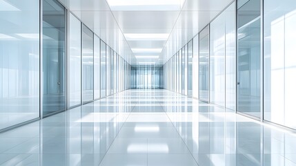 Wall Mural - bright modern office corridor, sleek glass walls, sunlit interior, clean minimalist design, polished