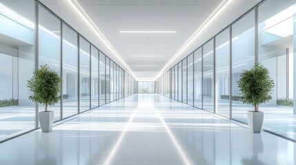 Wall Mural - bright modern office corridor, sleek glass walls, sunlit interior, clean minimalist design, polished