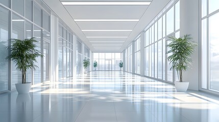 Wall Mural - bright modern office corridor, sleek glass walls, sunlit interior, clean minimalist design, polished