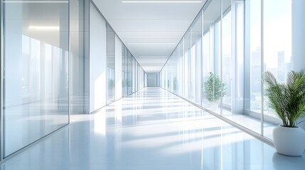 Wall Mural - bright modern office corridor, sleek glass walls, sunlit interior, clean minimalist design, polished