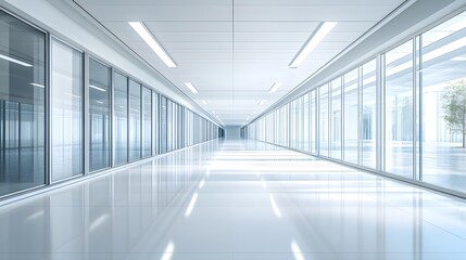 Wall Mural - bright modern office corridor, sleek glass walls, sunlit interior, clean minimalist design, polished