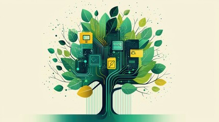 Wall Mural - Tech-infused tree with screens and circuits, nature-tech fusion, flat design illustration