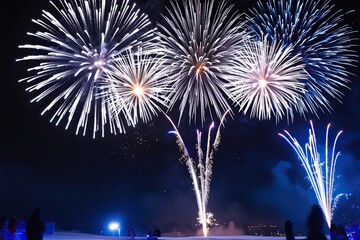 Stunning Silver and Deep Blue Fireworks Illuminate Winter Night Celebration Scene