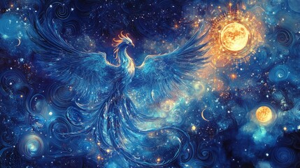 a blue phoenix with a swirling starry sky background and a glowing moon.