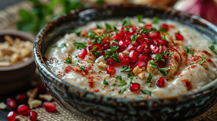 Canvas Print - A bowl of oatmeal topped with pomegranate seeds, showcasing a healthy and vibrant breakfast option. Ideal for stock images focusing on nutritious food and morning routines.