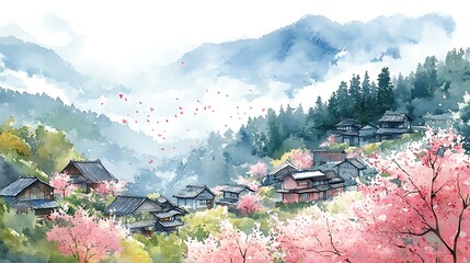 Canvas Print - Watercolor Painting of a Japanese Village in the Mountains with Cherry Blossoms.