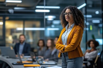 Young professional woman giving a presentation to a diverse team, office environment, confident body language, bright lighting, minimalistic background.