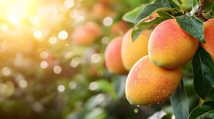 Ripe juicy mangoes on tree, vibrant tropical fruits, lush green leaves, sunlit orchard, close-up nature photography, succulent golden-red skin, organic farming, summer harvest.