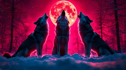 Three wolves stand in a snowy forest, howling under the bright glow of a full moon.