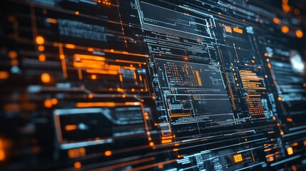 Abstract digital background with glowing orange lines, squares, and code on a black screen.
