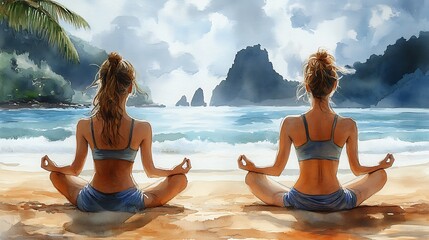 Canvas Print - Two Women Meditating on a Beach with Watercolor Sky.