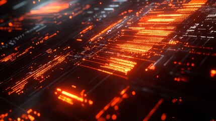 Abstract digital network with glowing orange lines and dots on dark background.