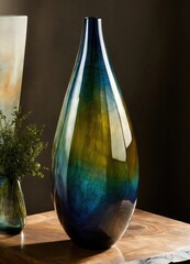 Wall Mural - Colorful Decorative glass vase with green and blue pattern on the table. Close up. ai generative