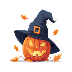 Wall Mural - Pumpkin with a witch's hat. Vector flat isolated.