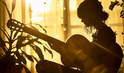 Silhouette of a person playing guitar.